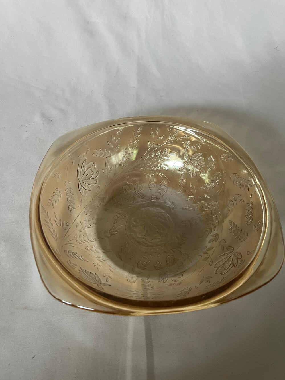 Jeannette Floragold Louisa Marigold Carnival Glass Ruffled Bowl Iridescent 9in